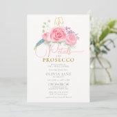 Boho Petals Prosecco Rose Coral Gold Brautparty Einladung (Stehend Vorderseite)