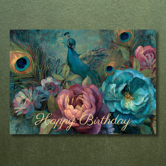 Boho-Pfau-Blumen und Federn Geburtstag Karte