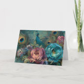 Boho-Pfau-Blumen und Federn Geburtstag Karte (Vorderseite)