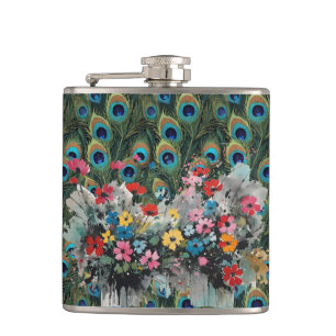 Boho Pfauenfedern und Wildblumen Flachmann