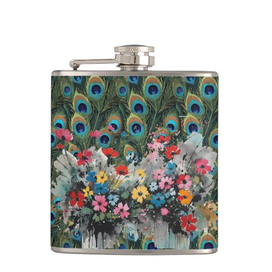 Boho Pfauenfedern und Wildblumen Flachmann (Vorderseite)