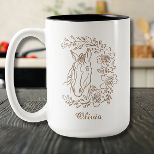 Boho-Pferdekopf-Porträt-Linienkunst mit floralem K Zweifarbige Tasse