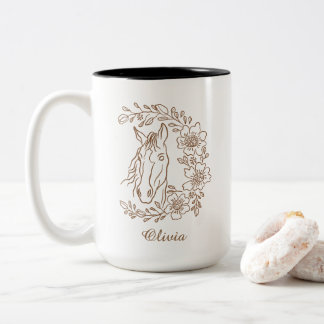 Boho-Pferdekopf-Porträt-Linienkunst mit floralem K Zweifarbige Tasse