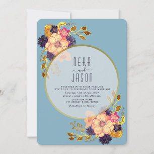 Boho-Pfirsich-Blau-Floral-Goldene-Hochzeits-Einlad Einladung
