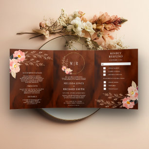 Boho Pfirsich Blumen Verbranntes Orange Terrakotta Dreifach Gefaltete Einladung