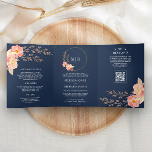 Boho Pfirsich-Orchideen-Blumen-Hochzeit mit QR-Cod Dreifach Gefaltete Einladung