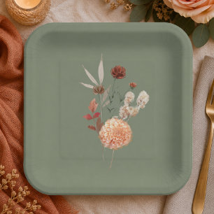 Boho Pfirsich & Rost Floral Sage Grün Brautparty Pappteller