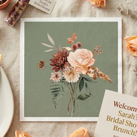 Boho Pfirsich & Rost Floral Sage Grün Brautparty Serviette