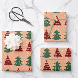 Boho Pfirsich Rot Grüne Weihnachtsbäume Feiertage  Geschenkpapier Set