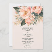 Boho pfirsichfarbene Blüten in einer Hochzeit Einladung (Vorderseite)