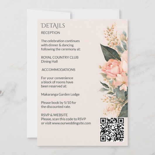 Boho pfirsichfarbene Blüten in einer Hochzeit Einladung (Rückseite)