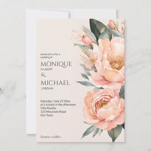 Boho pfirsichfarbene Blüten in einer Hochzeit Einladung (Vorderseite)
