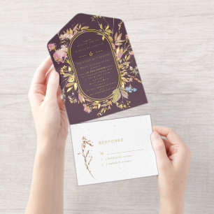 Boho Pflaume & Gold Wildblumen-Rahmen Hochzeit  All-in-One-Einladung