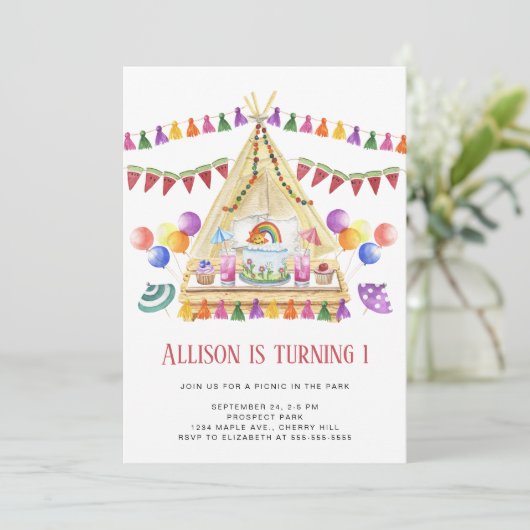 Boho Picnic Birthday Party Einladung (Stehend Vorderseite)