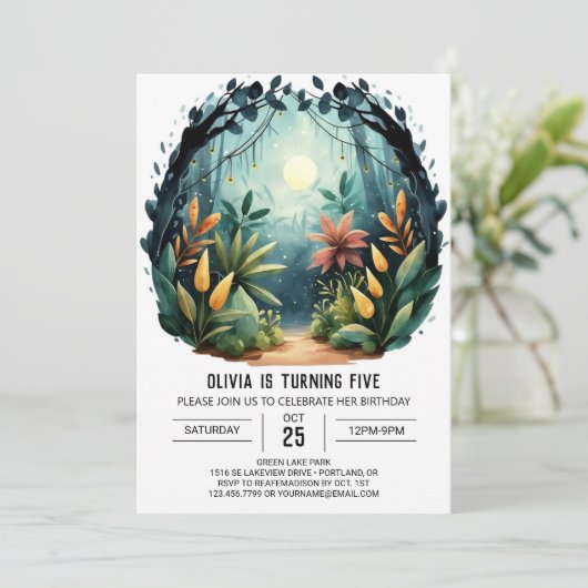 Boho Pine Adventure Woodland Geburtstag Einladung (Stehend Vorderseite)