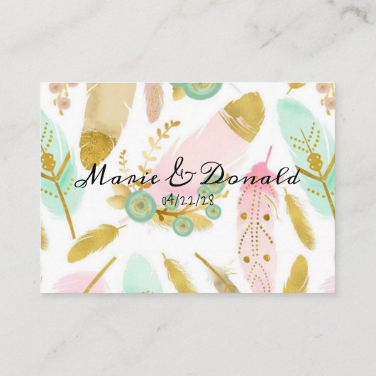 Boho Pink and Gold Feathers Advice Card Platzkarte (Rückseite)