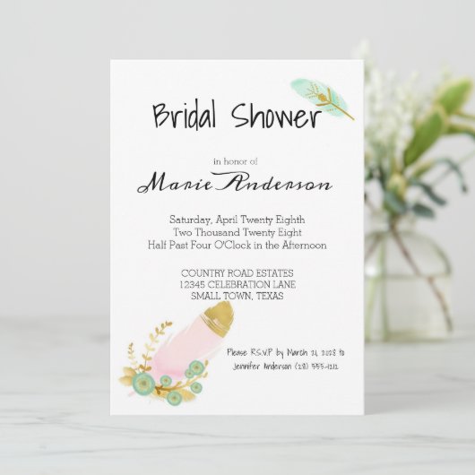 Boho Pink and Gold Feathers Einladung (Stehend Vorderseite)