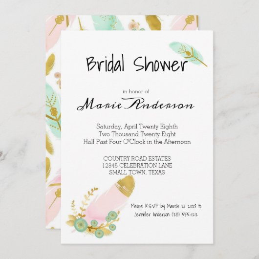 Boho Pink and Gold Feathers Einladung (Vorne/Hinten)