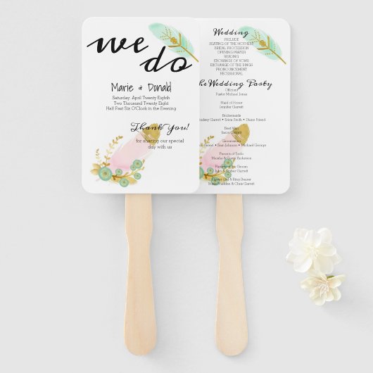 Boho Pink and Gold Feathers Program Fächer (Vorne und Hinten)