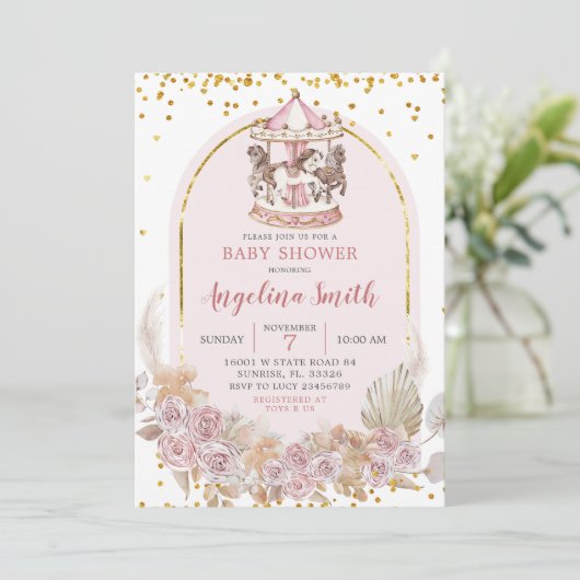 Boho Pink and Gold Floral Carousel Babydusche Einladung (Stehend Vorderseite)