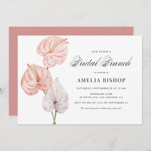 Boho Pink Anthuriums Tropical Floral Bridal Brunch Einladung (Vorne/Hinten)