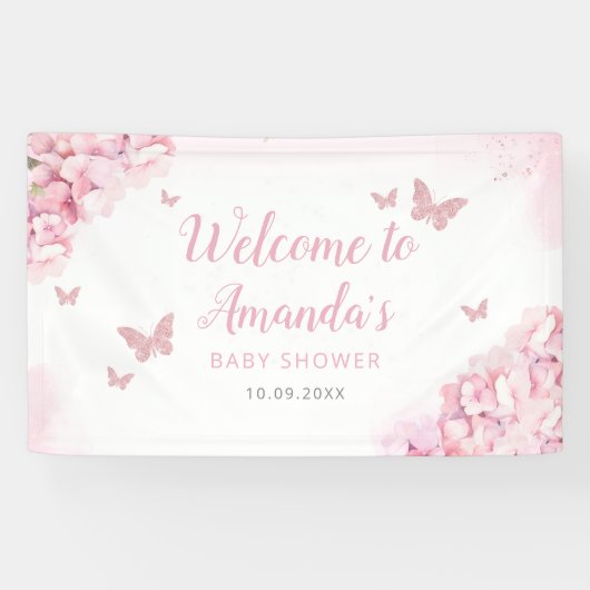 Boho Pink Aquarell Bläsernschmetterling Baby Dusch Banner (Horizontal)