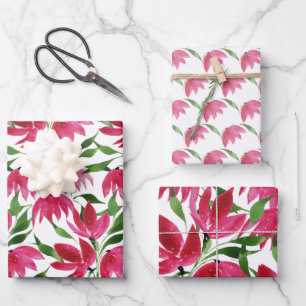 Boho Pink Aquarell Blume Burgundy White Geschenkpapier Set
