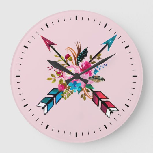 Boho Pink Arrows & Feathers Bouquet Wall Clock Große Wanduhr (Vorderseite)