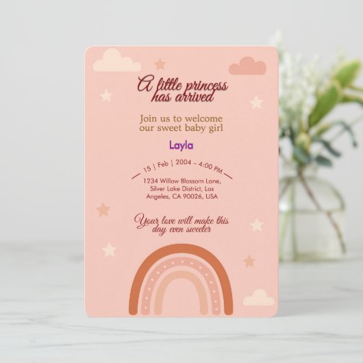 Boho Pink Baby Dusche Einladung (Stehend Vorderseite)