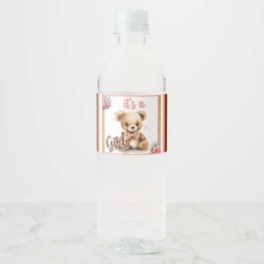 Boho Pink Bear Baby Dusche Wasserflaschenetikett (Vorderseite)