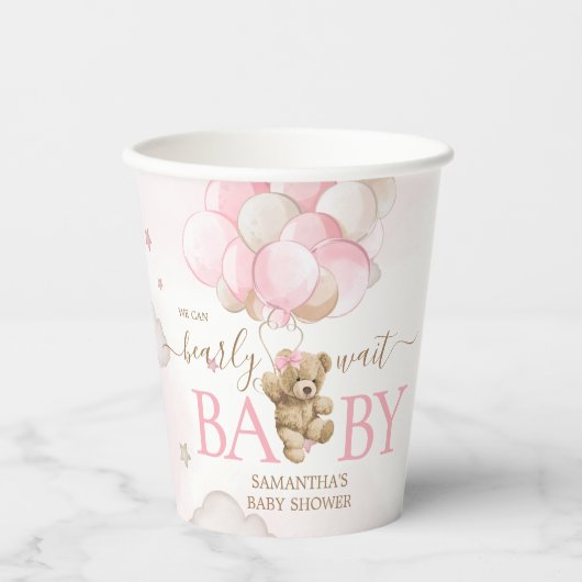 Boho Pink Bear Balloon Babydusche Pappbecher (Vorderseite)