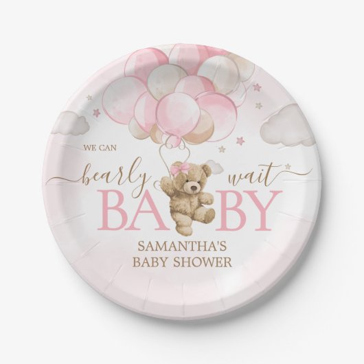 Boho Pink Bear Balloon Babydusche Pappteller (Vorderseite)
