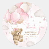 Boho Pink Bear Balloon Babydusche Runder Aufkleber (Vorderseite)