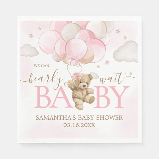 Boho Pink Bear Balloon Babydusche Serviette (Vorderseite)