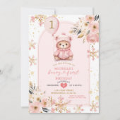 Boho Pink Beary First Winter Birthday Einladung (Vorderseite)