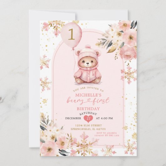 Boho Pink Beary First Winter Birthday Einladung (Vorderseite)