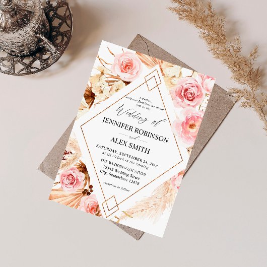 Boho Pink & Beige Bläsergoldene Hochzeit Einladung
