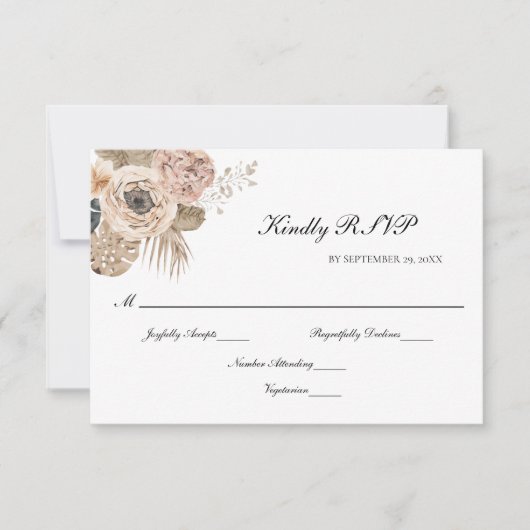 Boho Pink Beige Botanische Hochzeit RSVP Karte (Vorderseite)