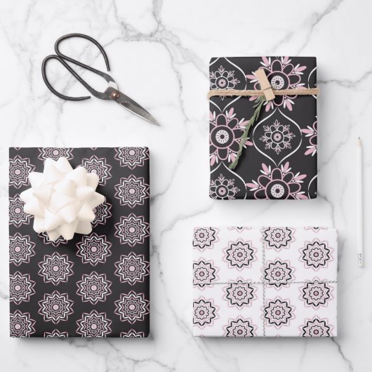 Boho Pink & Black Mandala Geschenkpapier Set (Vorderseite)