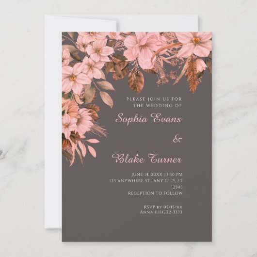 Boho Pink Bläserner Herbst Ash Gray Wedding Einladung (Vorderseite)