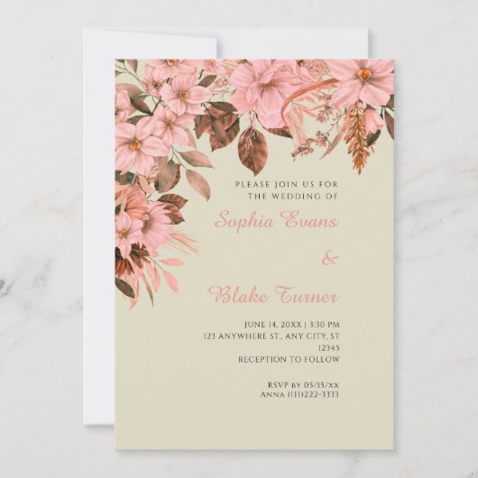 Boho Pink Bläserner Herbst Bamboo Hochzeit Einladung (Vorderseite)