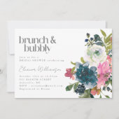 Boho Pink Blue Floral Bridal Brunch Bubbly Dusche Einladung (Vorderseite)
