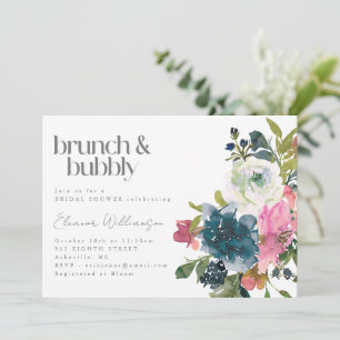 Boho Pink Blue Floral Bridal Brunch Bubbly Dusche Einladung