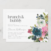 Boho Pink Blue Floral Bridal Brunch Bubbly Dusche Einladung (Vorne/Hinten)