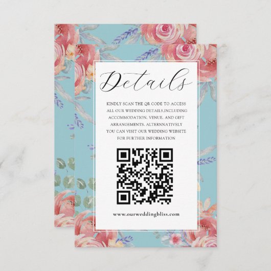 Boho Pink & Blue Floral Watercolor Hochzeitsdetail Begleitkarte (Vorne/Hinten)