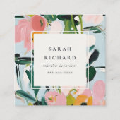 Boho Pink Blue Green Painted Floral Review Request Quadratische Visitenkarte (Vorderseite)