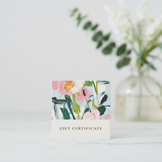 Boho Pink Blue Painted Floral Geschenkgutschein Quadratische Visitenkarte (Stehend Vorderseite)