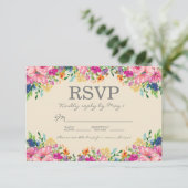 Boho Pink Blue Yellow Flowers Hochzeit RSVP Karte (Stehend Vorderseite)