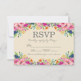 Boho Pink Blue Yellow Flowers Hochzeit RSVP Karte