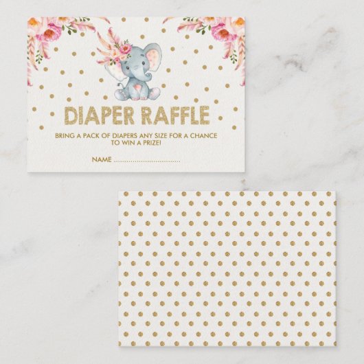 Boho Pink Blume Elephant Diaper Raffle Ticket Begleitkarte (Vorne/Hinten)